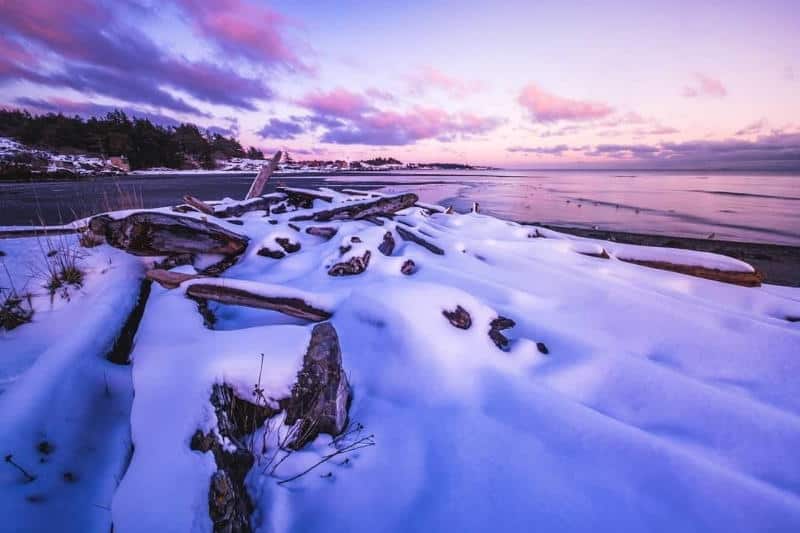 Coucher de soleil en hiver sur la lagune Esquimalt de la mer des Salish, Victoria, Colombie-Britannique