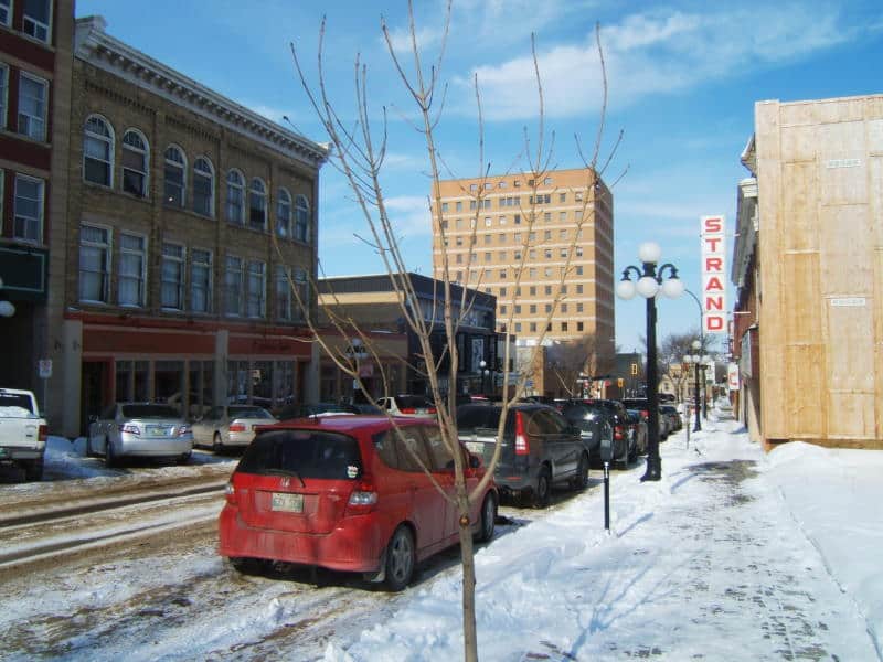 Downtown Brandon, Manitoba, in winter. KOMBI gloves.