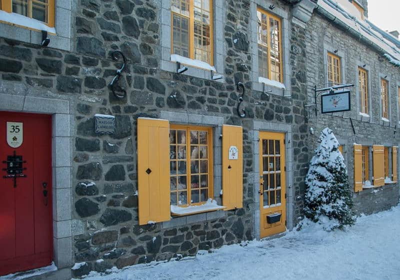 Winter scene of Maison Langlois, 35 rue du Petit-Champlain in Old Quebec City, also known as the house of widows