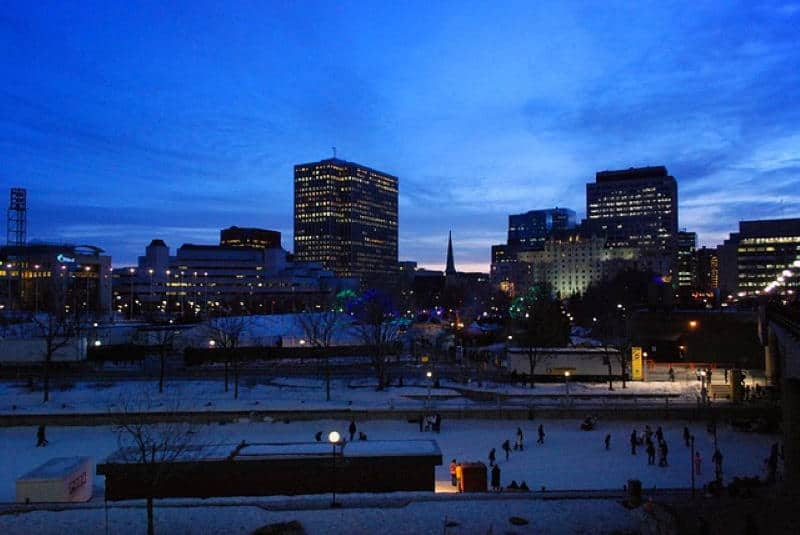 The Ottawa–Gatineau Rideau Canal Skateway at night, perfect for your KOMBI winter gear